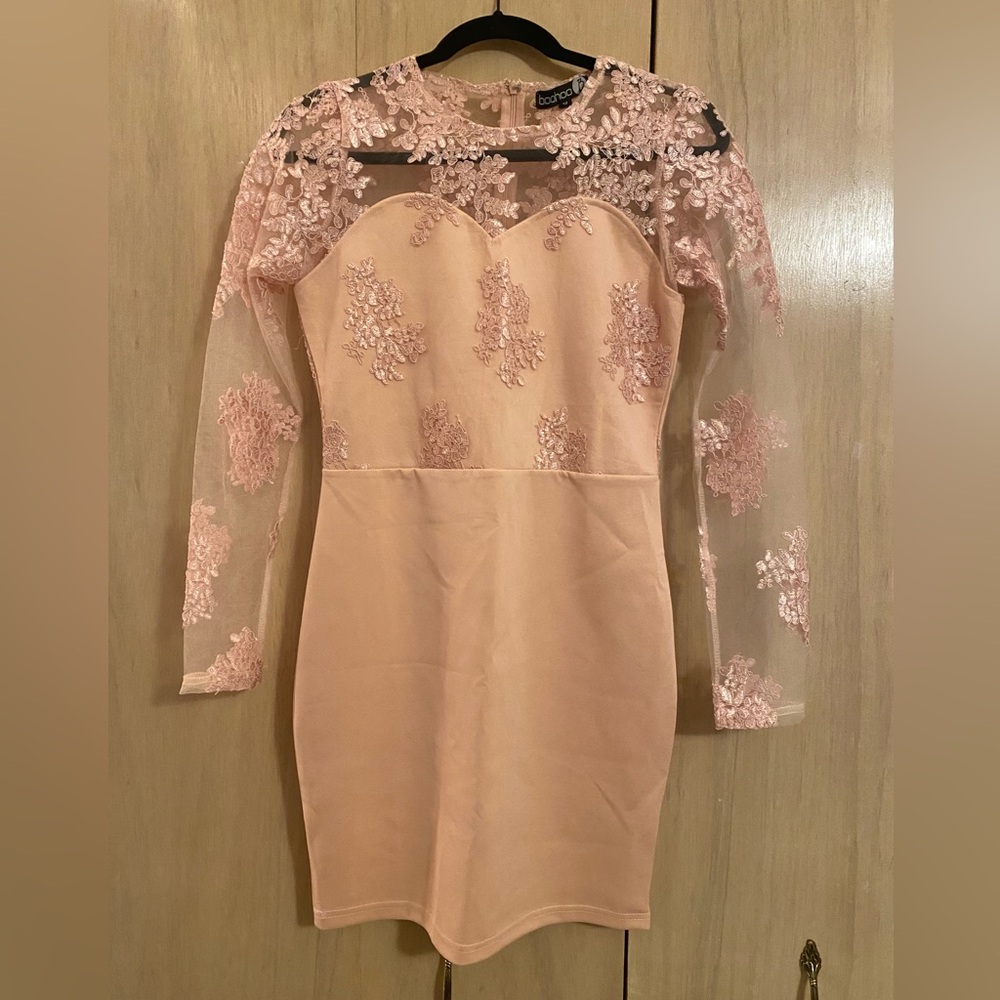 Women’s Boohoo Pink Floral Lace Bodycon Dress - Size 12